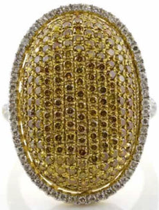 EXTRA LARGE 2.27CT WHITE & FANCY YELLOW DIAMOND 18KT 2 TONE GOLD OVAL PAVE RING