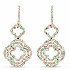 ESTATE .75CT DIAMOND 18KT ROSE GOLD 3D FOUR LEAF CLOVER FLOWER HANGING EARRINGS
