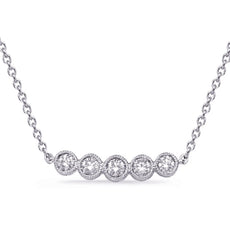.22CT DIAMOND 14KT WHITE GOLD 5 STONE ROUND BEZEL FILIGREE MILGRAIN BAR NECKLACE