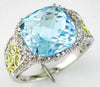 LARGE 9.17CT DIAMOND & AAA BLUE TOPAZ 14KT 2 TONE GOLD CUSHION & ROUND FUN RING