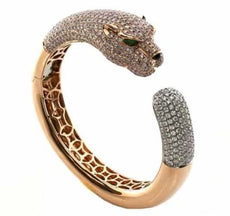 10.85CT WHITE & PINK DIAMOND & AAA EMERALD 18K WHITE & ROSE GOLD BANGLE BRACELET