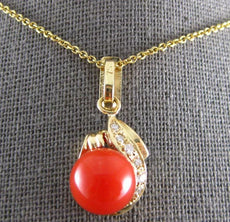 .15CT DIAMOND & AAA CORAL 18KT YELLOW GOLD 3D TEAR DROP FLOATING PENDANT #27182