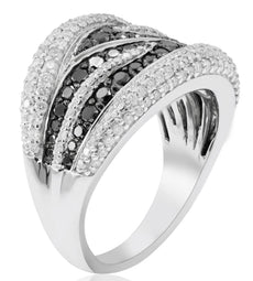 WIDE 1.85CT WHITE & BLACK DIAMOND 14KT WHITE GOLD MULTI ROW CRISS CROSS FUN RING