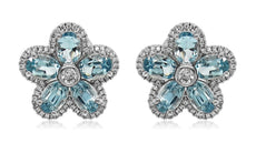 4.87CT DIAMOND & AAA AQUAMARINE 14K WHITE GOLD OVAL & ROUND FLOWER STUD EARRINGS