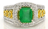 LARGE 2.61CT WHITE & FANCY YELLOW DIAMOND & AAA EMERALD 18KT 2 TONE GOLD 3D RING