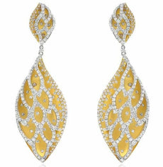 ESTATE 7.10CT DIAMOND 18KT 2 TONE GOLD 3D MULTI LEAF TEAR DROP HANGING EARRINGS