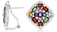 7.35CT DIAMOND & AAA MULTI COLOR SAPPHIRE 14K WHITE GOLD SQUARE CLIP ON EARRINGS