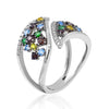 WIDE 1.10CT DIAMOND & AAA MULTI COLOR SAPPHIRE 14KT WHITE GOLD DOUBLE LEAF RING