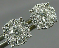 LARGE 1.0CT DIAMOND 14KT 2 TONE GOLD ROUND SOLITAIRE HALO CLUSTER STUD EARRINGS