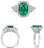 LARGE 3.83CT DIAMOND & AAA EMERALD PLATINUM CUSHION & HALF MOON ROUND HALO RING