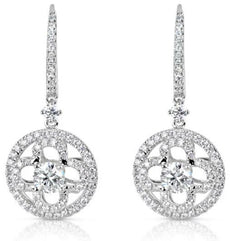 LARGE 1.12CT DIAMOND 14KT WHITE GOLD CIRCULAR FLOWER SOLITAIRE HANGING EARRINGS