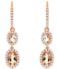 1.45CT DIAMOND & AAA MORGANITE 14KT ROSE GOLD 3D OVAL & ROUND HANGING EARRINGS