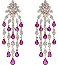 LARGE 11.57CT DIAMOND & AAA RUBY 18KT ROSE GOLD 3D PEAR SHAPE HANGING EARRINGS