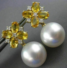 LARGE 5.36CT DIAMOND & SOUTH SEA PEARL YELLOW SAPPHIRE 18KT YELLOW GOLD EARRINGS