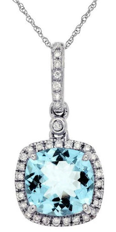 1.99CT DIAMOND & AAA AQUAMARINE 14KT WHITE GOLD CUSHION & ROUND SQUARE PENDANT