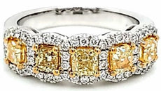 2.22CT WHITE & FANCY YELLOW DIAMOND 18K 2 TONE GOLD CUSHION & ROUND 5 STONE RING