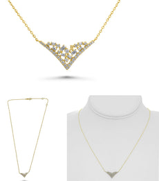 .31CT DIAMOND 14K YELLOW GOLD ROUND & BAGUETTE CLUSTER V SHAPE FUN LOVE NECKLACE