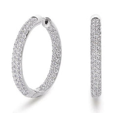 LARGE 1.96CT DIAMOND 14KT WHITE GOLD 3D 3 ROW INSIDE OUT HOOP HANGING EARRINGS