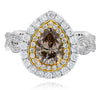 2.30CT WHITE & CHOCOLATE FANCY DIAMOND 18KT 2 TONE GOLD PEAR SHAPE & ROUND RING