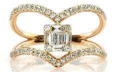 .70CT DIAMOND 18KT YELLOW GOLD 3D ROUND & BAGUETTE DOUBLE V BUTTERFLY LOVE RING