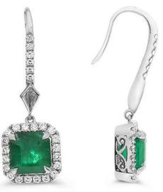 3.47CT DIAMOND & AAA EMERALD 18KT WHITE GOLD EMERALD CUT HALO HANGING EARRINGS