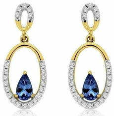ESTATE .62CT DIAMOND & AAA TANZANITE 14KT YELLOW GOLD 3D OVAL HANGING EARRINGS