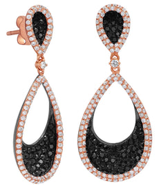 2.91CT WHITE & BLACK DIAMOND 18K ROSE GOLD DOUBLE TEAR DROP FUN HANGING EARRINGS
