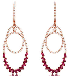 1.80CT DIAMOND & AAA RUBY 14KT ROSE GOLD 3D ROUND & BAGUETTE CHANDELIER EARRINGS