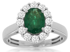 1.85CT DIAMOND & AAA EMERALD 14KT WHITE GOLD OVAL PRINCESS DIANA ENGAGEMENT RING