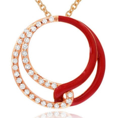 .27CT DIAMOND & RED ENAMEL 14KT ROSE GOLD 3D CIRCULAR LOVE KNOT FLOATING PENDANT