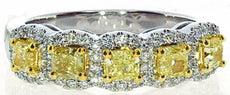 1.71CT WHITE & FANCY YELLOW DIAMOND 18KT 2 TONE GOLD 3D CUSHION ANNIVERSARY RING