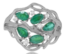 1.21CT DIAMOND & AAA EMERALD 14KT WHITE GOLD 3D OVAL & ROUND MULTI LEAF FUN RING