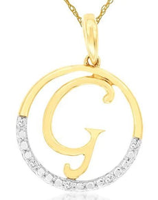 .02CT DIAMOND 14KT 2 TONE GOLD CLASSIC G INITIAL CIRCULAR FUN FLOATING PENDANT
