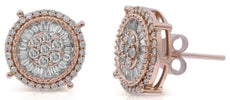 1.04CT DIAMOND 14KT ROSE GOLD 3D ROUND & BAGUETTE CLASSIC FLOWER STUD EARRINGS