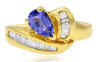 1.0CT DIAMOND & AAA TANZANITE 14K YELLOW GOLD 3D PEAR SHAPE & BAGUETTE LOVE RING