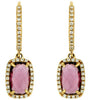 3.06CT DIAMOND & AAA RHODOLITE 14KT YELLOW GOLD 3D CUSHION HALO HANGING EARRINGS