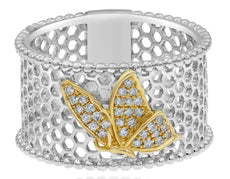 WIDE .12CT DIAMOND 14K 2 TONE GOLD 3D OPEN FILIGREE MULTI HEXAGON BUTTERFLY RING