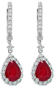 3.24CT DIAMOND & AAA RUBY 18KT WHITE GOLD 3D PEAR SHAPE & ROUND CLASSIC EARRINGS