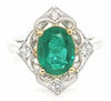LARGE 2.28CT DIAMOND & AAA EMERALD 18K TWO TONE GOLD OVAL FLORAL ENGAGEMENT RING