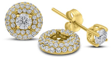 LARGE 1.56CT DIAMOND 14KT YELLOW GOLD 3D SOLITAIRE 3 ROW STUD JACKET EARRING SET