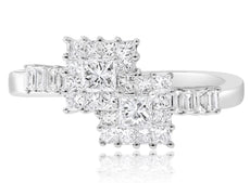 .94CT DIAMOND 18KT WHITE GOLD PRINCESS & BAGUETTE DOUBLE SQUARE CRISS CROSS RING