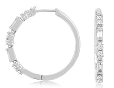 .48CT DIAMOND 14K WHITE GOLD 3D ROUND & BAGUETTE CLASSIC HUGGIE HANGING EARRINGS