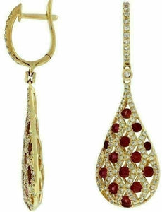 ESTATE 2.24CT DIAMOND & AAA RUBY 14KT YELLOW GOLD 3D TEAR DROP HANGING EARRINGS
