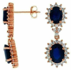 ESTATE 6.50CT DIAMOND & AAA SAPPHIRE 14K ROSE GOLD 3D OVAL HALO HANGING EARRINGS