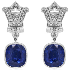 LARGE 8.12CT DIAMOND & AAA SAPPHIRE 18KT WHITE GOLD CUSHION & ROUND FUN EARRINGS