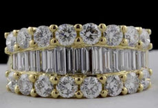 ESTATE 3.26CT DIAMOND 18KT YELLOW GOLD ROUND & BAGUETTE 3 ROW ANNIVERSARY RING