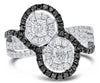 LARGE 1.6CT WHITE & BLACK DIAMOND 14K WHITE & BLACK GOLD DOUBLE FLOWER LOVE RING
