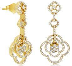 ESTATE 1.02CT DIAMOND 14KT YELLOW GOLD 3D MULTI FLOWER FUN HANGING EARRINGS