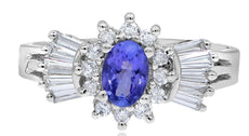 1.19CT DIAMOND & AAA TANZANITE 14KT WHITE GOLD OVAL ROUND & BAGUETTE FLOWER RING
