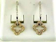 ESTATE .50CT DIAMOND 14KT TWO TONE GOLD CLASSIC CLOVER FLOWER HANGING EARRINGS